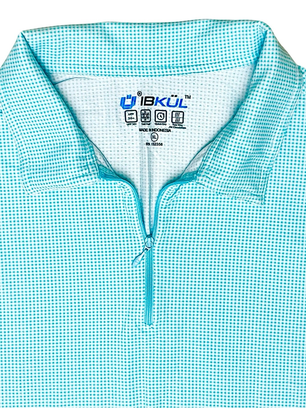 IBKUL Shirt UPF 50+ Blue Gingham Print Cap Sleeves 3/4 Zip Top Sz XL - Picture 4 of 11